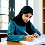 **

A focused Arab student, fully clothed in modest study attire, sitting at a desk filled with textbooks and notes. The background shows a clean, well-lit study room.  Perfect anatomy, correct proportions, natural pose, well-formed hands, proper finger count, professional lighting, appropriate content, safe for work, professional, family-friendly.

**
