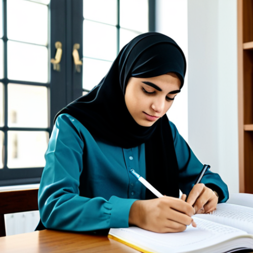 Home 17 **
A focused Arab student, fully clothed in modest study attire, sitting at a desk filled with textbooks and notes. The background shows a clean, well-lit study room. Perfect anatomy, correct proportions, natural pose, well-formed hands, proper finger count, professional lighting, appropriate content, safe for work, professional, family-friendly.
**