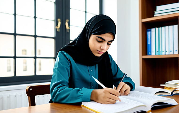 **

A focused Arab student, fully clothed in modest study attire, sitting at a desk filled with textbooks and notes. The background shows a clean, well-lit study room.  Perfect anatomy, correct proportions, natural pose, well-formed hands, proper finger count, professional lighting, appropriate content, safe for work, professional, family-friendly.

**