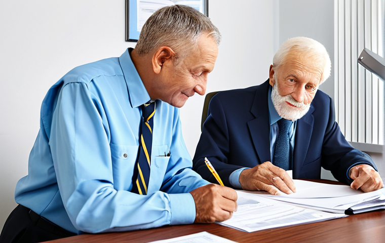 **
"A dedicated municipal worker assisting an elderly man with paperwork at a modest desk, fully clothed in professional attire, in a bright and organized office setting, safe for work, appropriate content, perfect anatomy, natural proportions, professional, family-friendly."
**