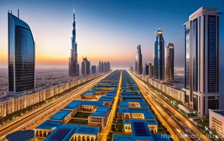 지방공무원 신규 채용 직렬 분석 - "A high-angle, panoramic shot capturing a bustling, futuristic smart city in the Arabian Gulf region...