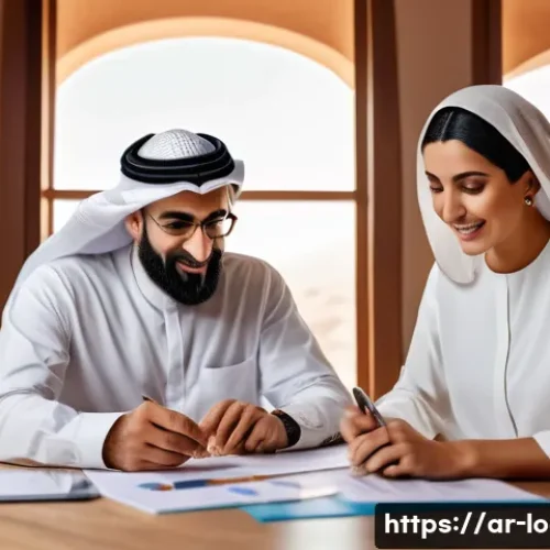지방공무원 복지포인트 활용법 - A professional Arab family planning their wellness points usage at home, featuring a middle-aged man...