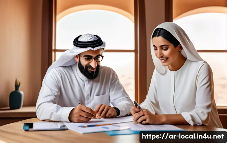 지방공무원 복지포인트 활용법 - A professional Arab family planning their wellness points usage at home, featuring a middle-aged man...