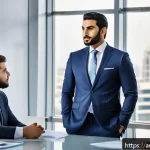 지방공무원 승진 사례 분석 - A professional Arab government office setting featuring a confident Middle Eastern man in business a...