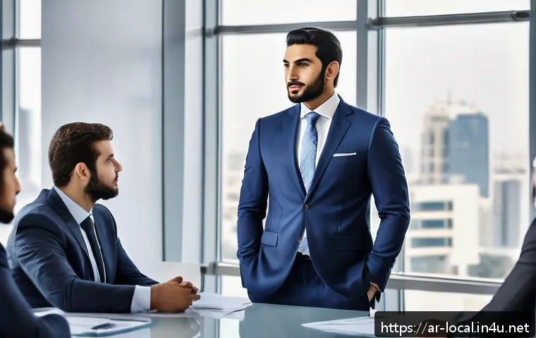 지방공무원 승진 사례 분석 - A professional Arab government office setting featuring a confident Middle Eastern man in business a...