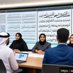 지방공무원 주요 법령 해설 - A professional Arabic government office scene showing a diverse group of civil servants engaging in ...