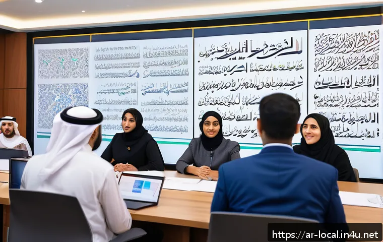 지방공무원 주요 법령 해설 - A professional Arabic government office scene showing a diverse group of civil servants engaging in ...