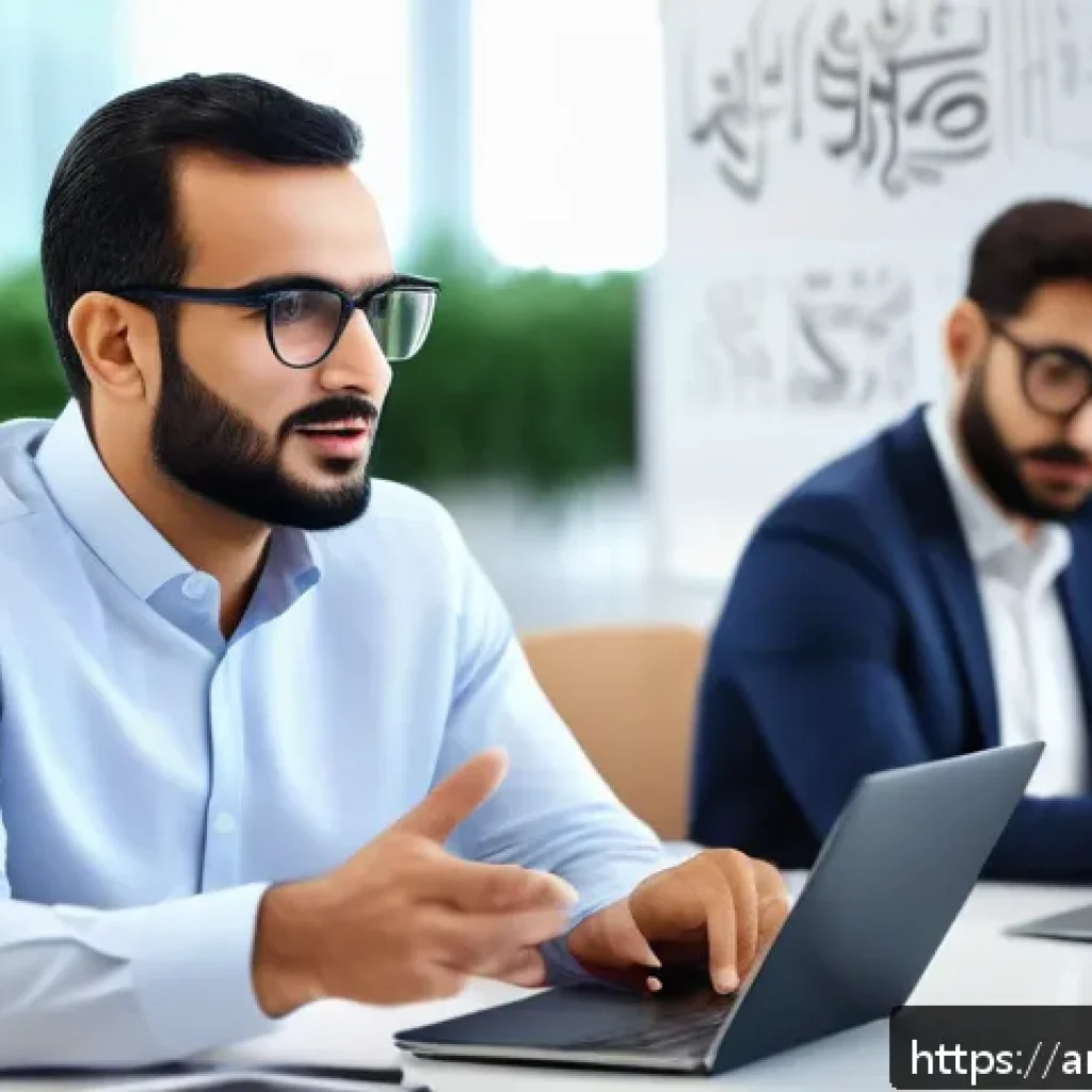 지방공무원 재직 중 해외 연수 기회 - A professional Arabic male government employee attending a modern external training workshop in a br...