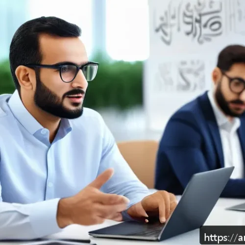 지방공무원 재직 중 해외 연수 기회 - A professional Arabic male government employee attending a modern external training workshop in a br...