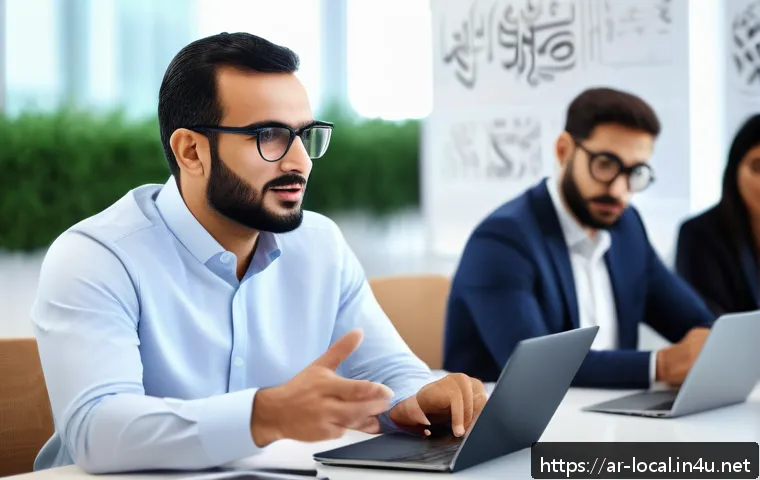 지방공무원 재직 중 해외 연수 기회 - A professional Arabic male government employee attending a modern external training workshop in a br...
