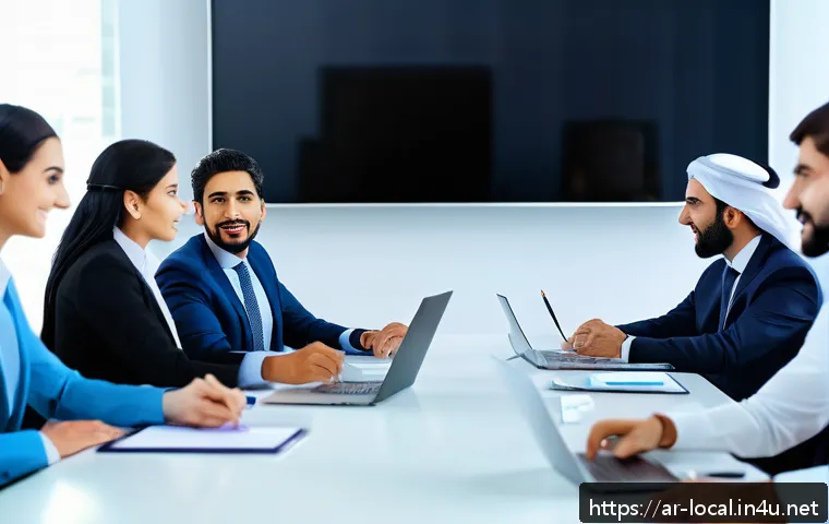 지방공무원 실무에서 필요한 스킬 - A professional Arab government office setting showing a diverse group of Middle Eastern employees en...