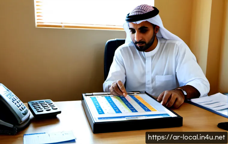 지방공무원 연차 소진 사례 - Photorealistic Arab public-sector employee in modest professional attire seated at a clean governmen...