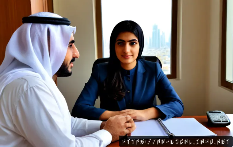 지방공무원 재직자 경험담 인터뷰 - Photorealistic interview scene in a modern Arab municipal government office, a middle-aged Arab publ...