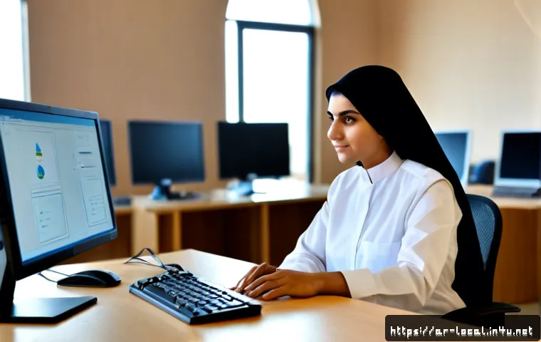 지방공무원 필수 전산 교육 정리 - Photorealistic Arab municipal government employee in modest professional attire completing mandatory...
